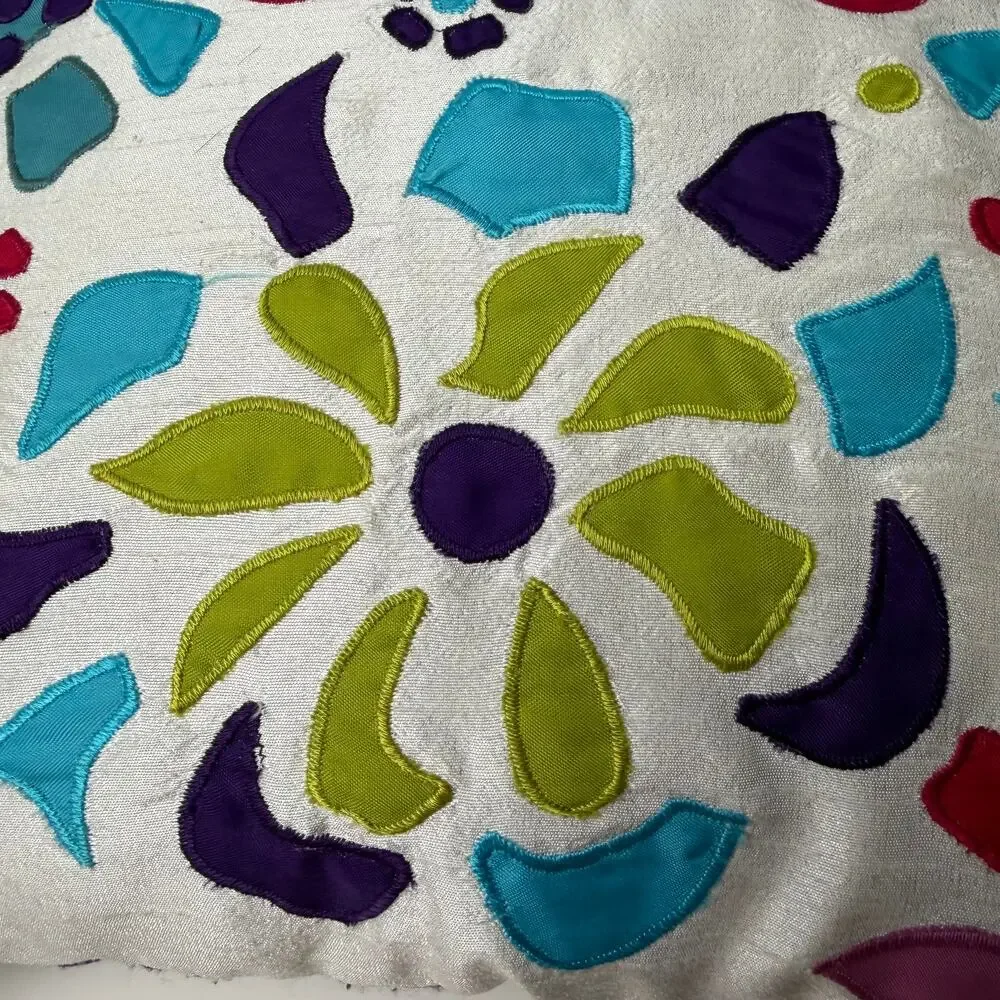 Pier 1 Imports Colorful Floral Applique Throw Pillow Ruffle 15x15 Purple Blue